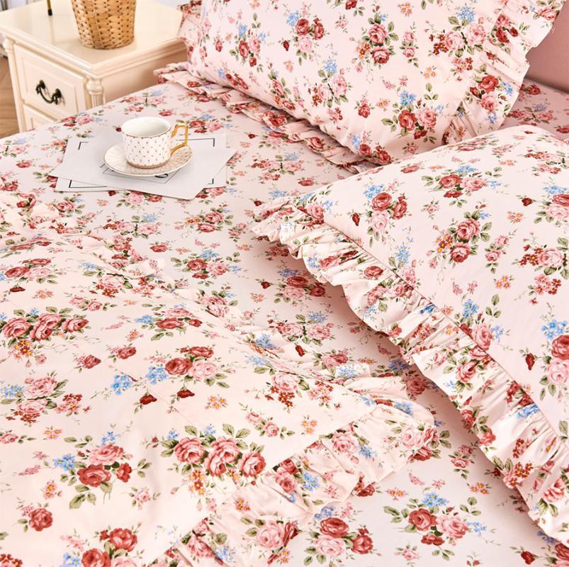 

American country flower ruffle bed sets, full queen king cotton single double bedclothes bedspreads pillow case quilt cover1, Picture color