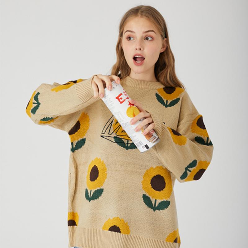 

Sweater Women Streetwear Floral Pattern Pullover Man Woman 2020 Autumn Winter Warm Hip Hop Loose Korean Knitted Sweaters Jumper, Gray