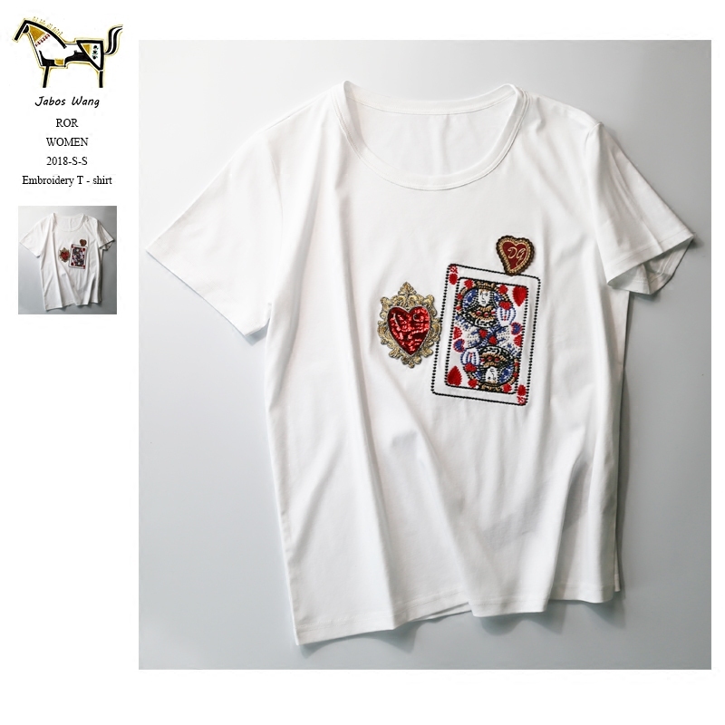 

2020 Summer New Love Poker Embroidered White Shirt Feminine Top Loose Half Sleeve Fashion 97lz, Beige
