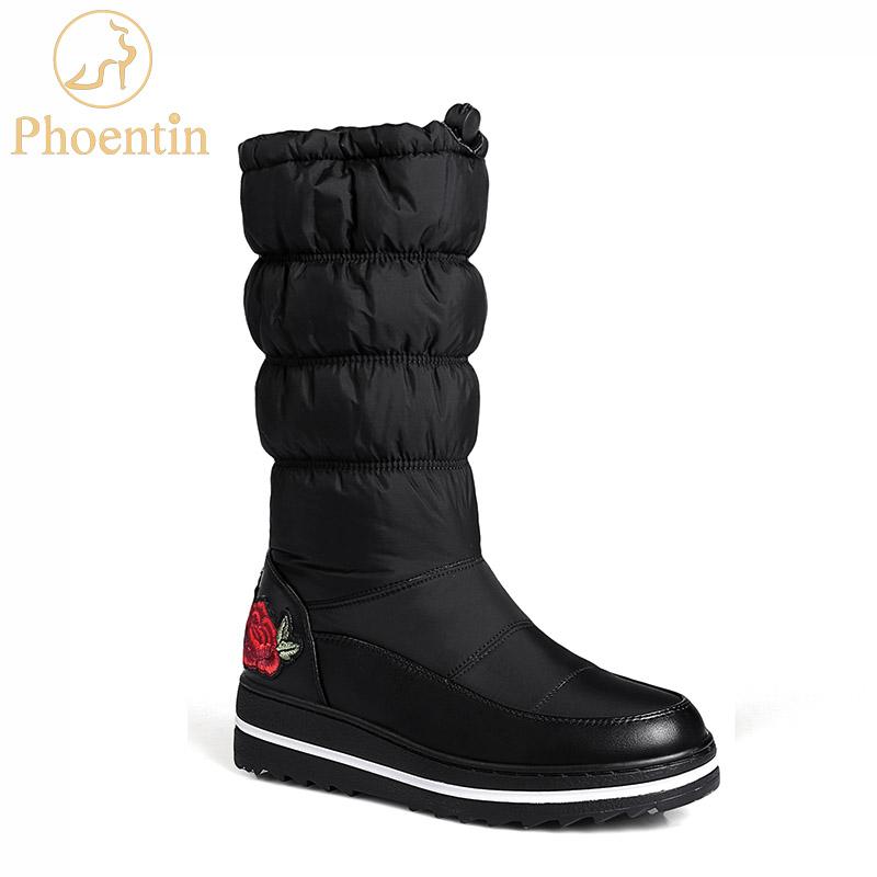 

Phoentin black women boots winter 2020 flower appliques snowboots warm down cloth pu leather patchwork ladies footwear FT574
