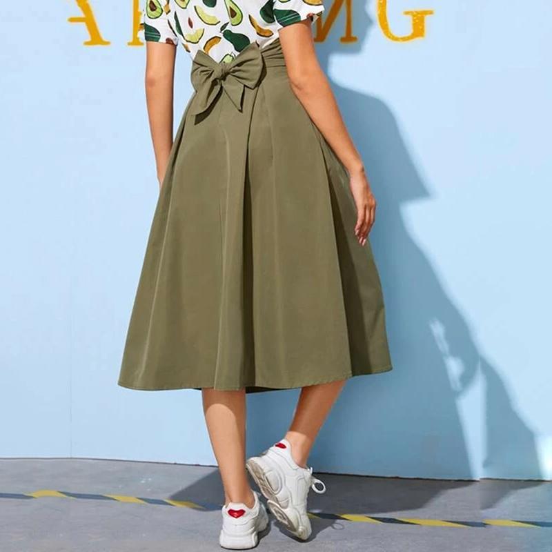 

Fall 2020 Fashion Euro Style High Waist A-Line Bandage Bow Elegant Retro Long Skirt For Women Casual Office Lady Skirt Mujer, Army green