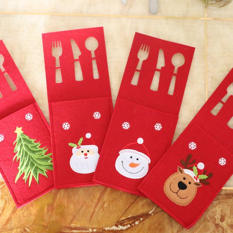 

New Christmas Cutlery Holder Christmas Decorations For Home Red Non-woven Fabrics Santa Claus Snowman Cedar Elk Tableware Cover1