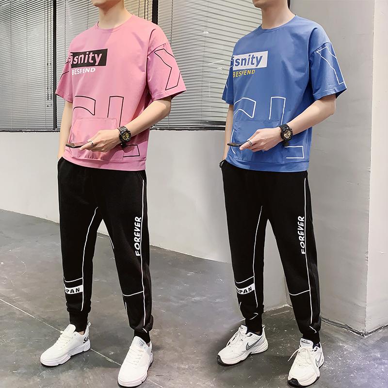 

Thin summer fashion brand leisure sports two piece letter short sleeve T-shirt nine point pants suit for men, White
