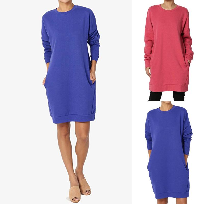 

robe femme vestidos New Style dress women Casual Long Sleeve Loose Pullover Tops Sweatshirt With Pockets ropa mujer sukienki, Red