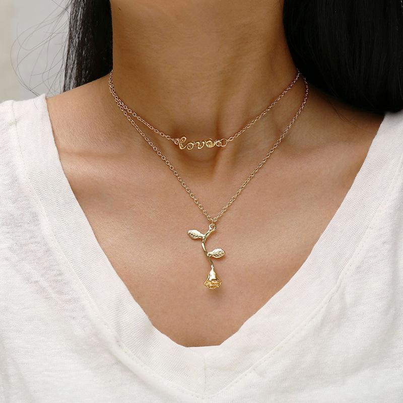 

Pendant Necklaces Multilayer Necklace Gold Rose For Women Love Long Fashion Jewelry Link Trendy Metal Round Chain Party Gift