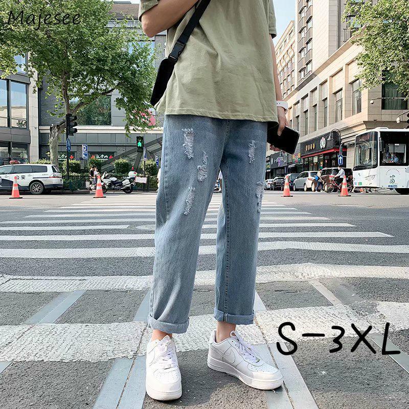 

Men's Jeans Men Hole Ankle-length Oversize S-3XL Button Blue Vintage Baggy Denim Male Trousers Designed Ulzzang Hip Hop Chic 1, Light blue