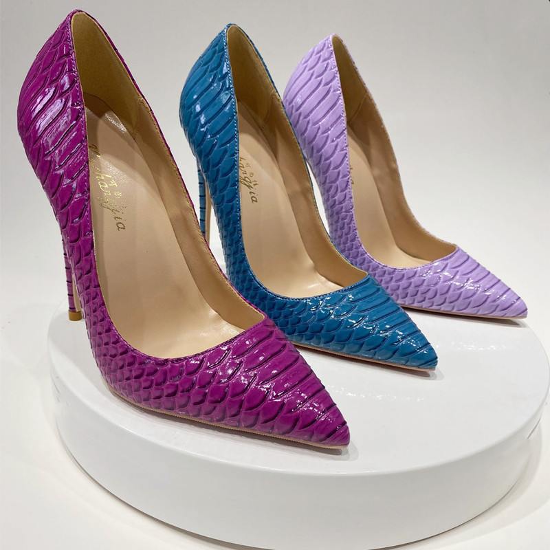

Real photo Fashion Women shoes purple snake patent leather printed point toe ankle Sexy Lady High Heels pumps 12cm stilettos, Purple 12cm