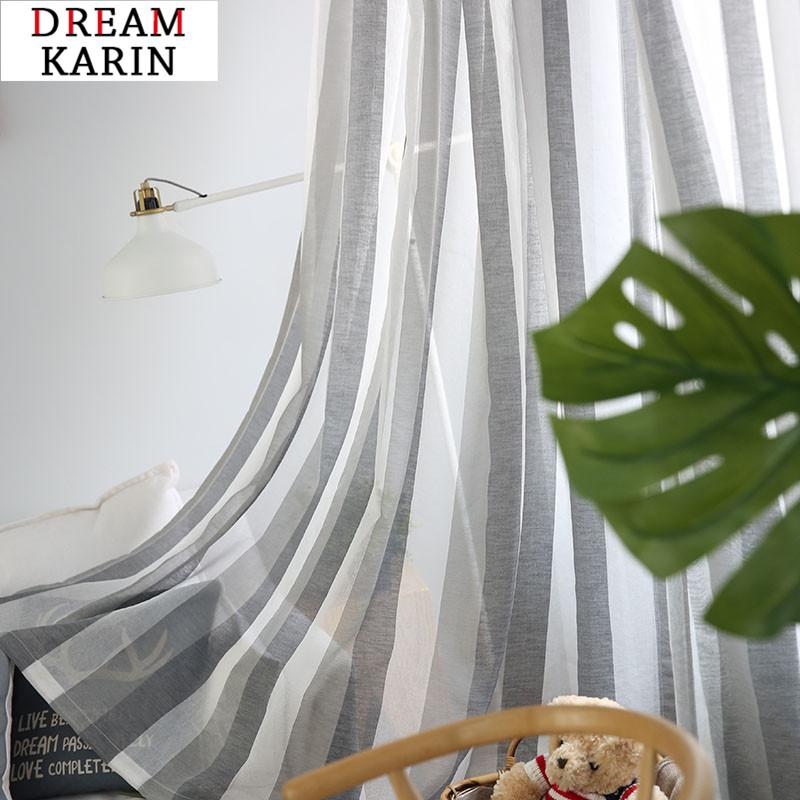 

Gray Linen Stripe Tulle Curtains For Living Room Bedroom Window Sheer Curtains Modern Voile Fabrics Drapes