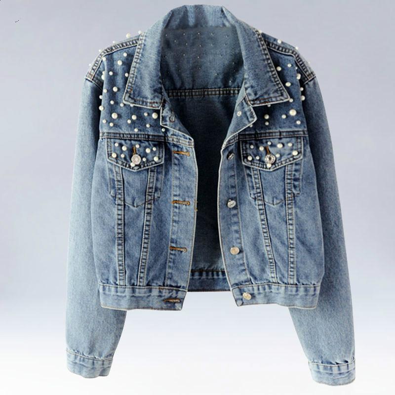 

2020 Denim Coat Pearl Beading Short Denim Jackets Women White Wash Long Sleeve Vintage Casual Jean Jacket Bomber Plus Size 5Xl, Light blue