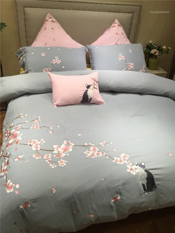 

4pcs 100% Cotton Super Soft Double-layer Gauze fabric Grey color bedding sets with cherry blossom and cat embroidered bed covers1, As pic