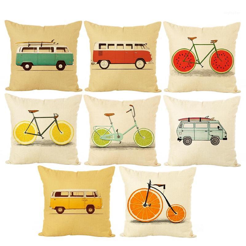 

1PC Fruit Bike/Bus Printed Cushion Cover Linen Pillow Case Square Decorative Pillowcases Home Cafe Sofa Bed Car Decor1