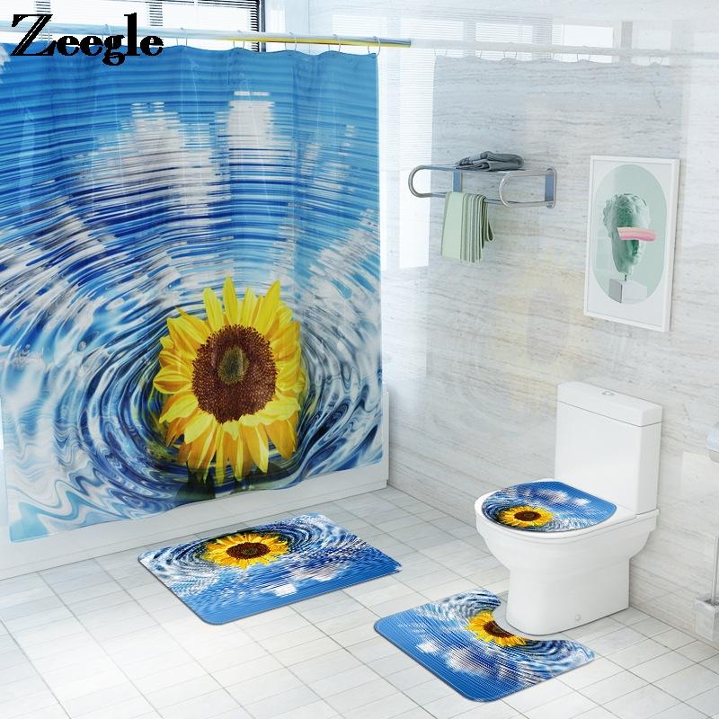 

Sunflower Bath Mat and Shower Curtain Printed Bathroom Carpet Mat Microfiber Toilet Set Anti Slip Shower Room Floor Mats