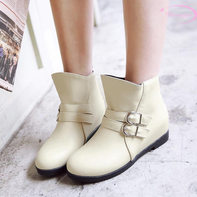 

Chainingyee casual round head autumn ankle boots belt buckle red black beige med heel height increasing women's riding boots1