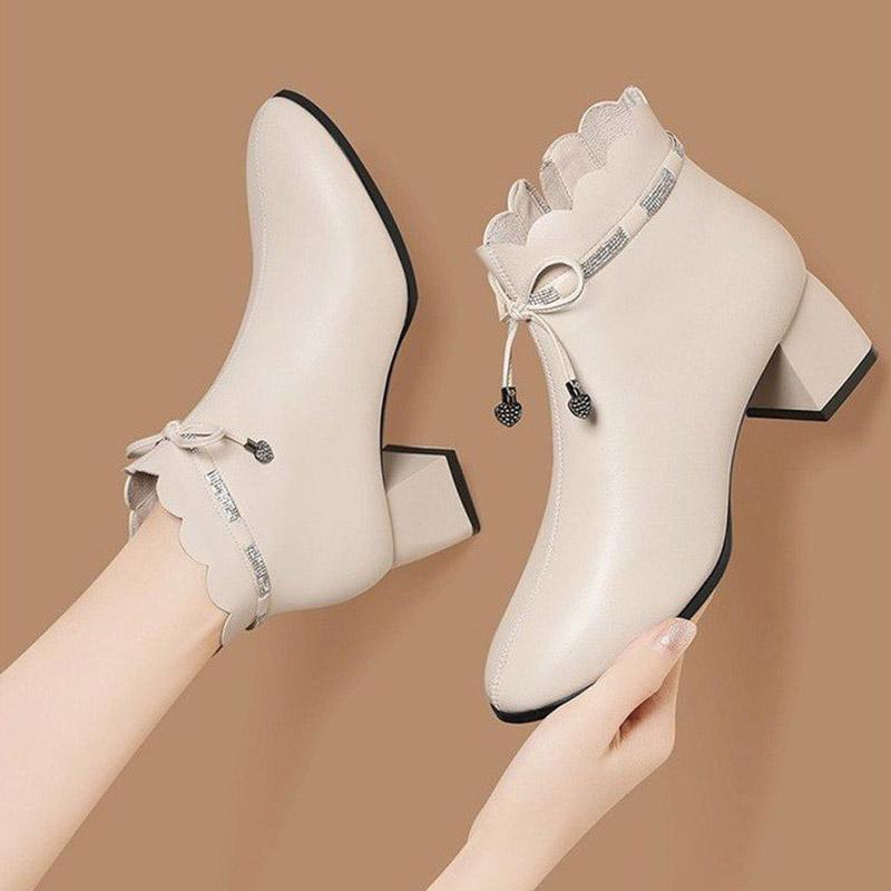 

2020 Winter Autumn Women Ankle Boots Square Heels Dress Shoes Bowtie Fashion Boot Black Pointed Toe Bigh Warm botas mujer 8859C, Beige