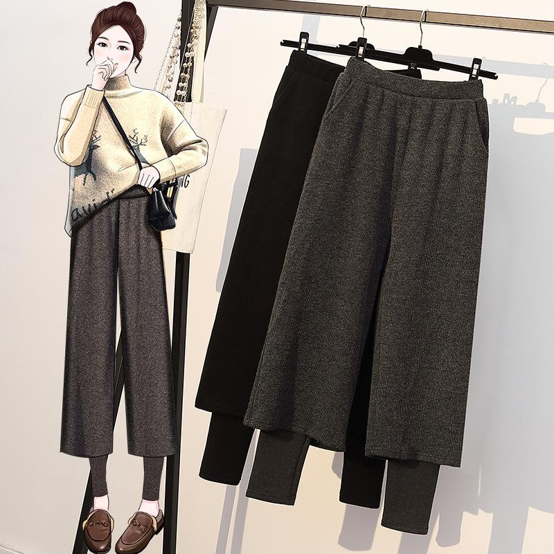 

5xl Autumn Winter Casual Straight Pants Women With Plush Thickened Fake Two Piece Woollen Wide Leg Pants Women, Gray