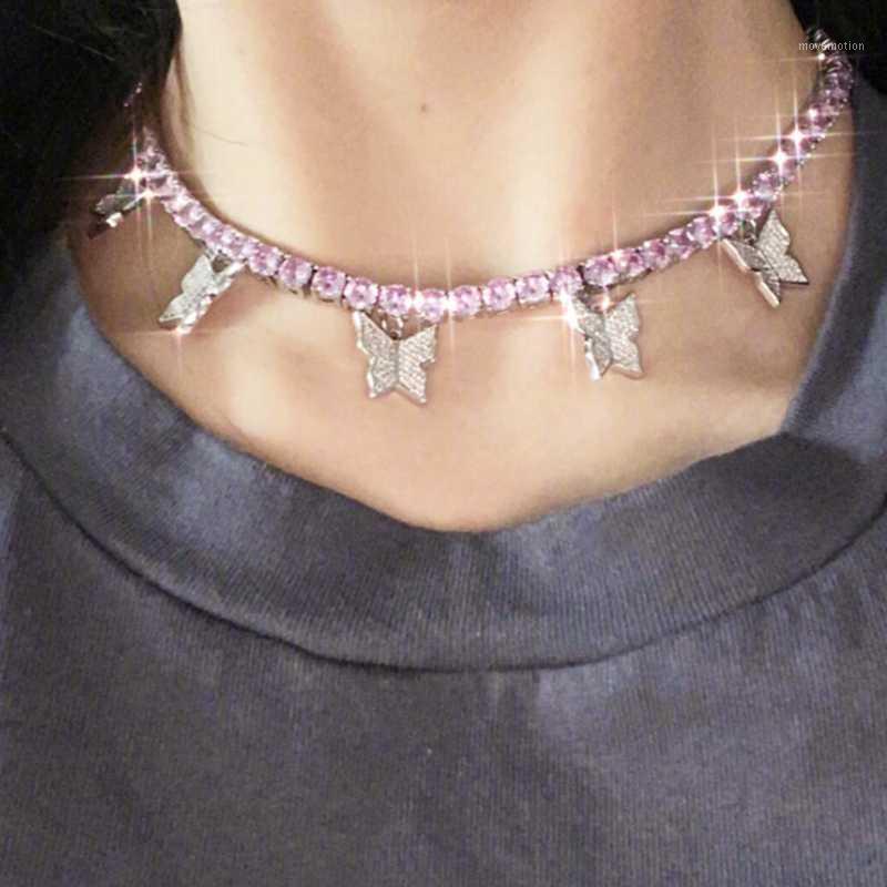 

Bling Pink White Blue Rhinestone Butterfly Pendant Tennis Chain Necklace For Women Elegant Jewelry Choker1