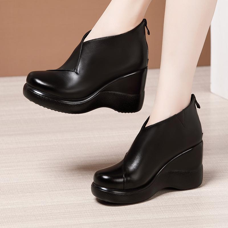 

Big Size 32-43 Platform Boots Women Shoes Winter Fall 2021 High Heels Wedges Boots Ladies Short Plush Ankle Leather Boot, Black fur inside 8cm