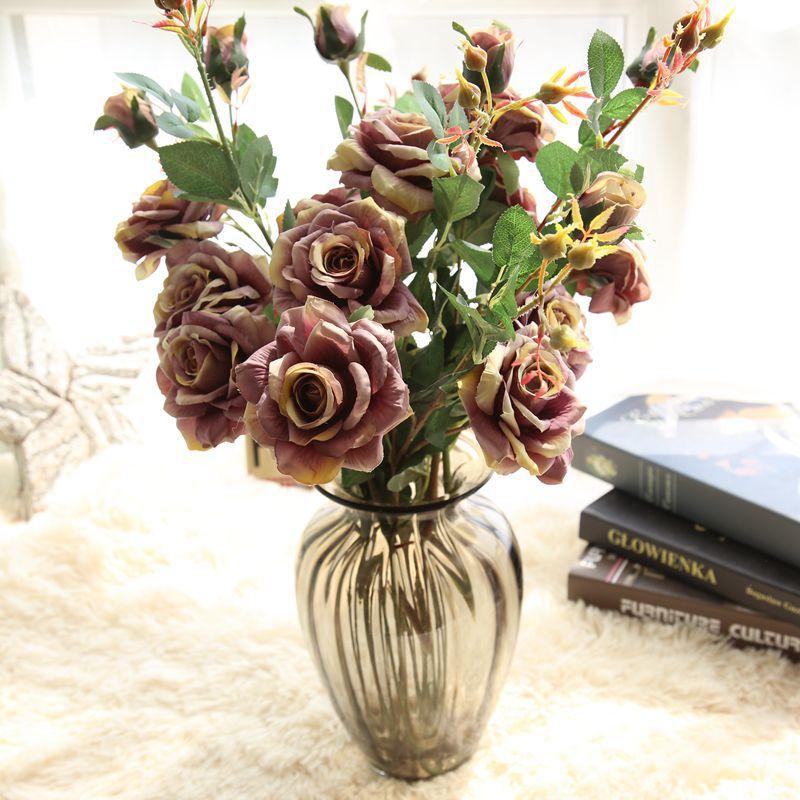 

3 heads French Artificial silk Rose Floral Bouquet Fake Flower Arrange Table rose Wedding Flowers Decor Party accessory, Beige