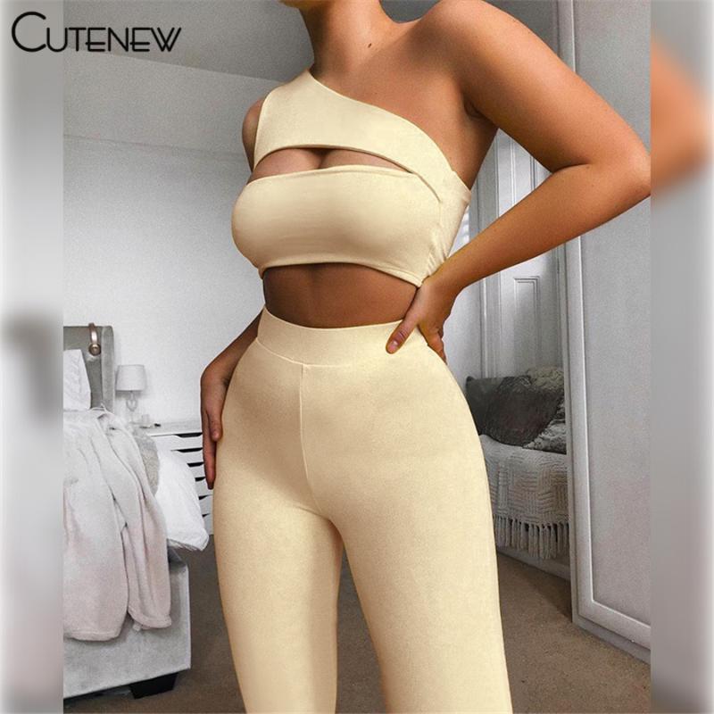 

Women's Two Piece Pants Cute Summer Solid Stretch Skinny Set Women Sexy Hollow Out Diagonal Collar Top+Pants 2021 Casual Lady Tracksuit, White