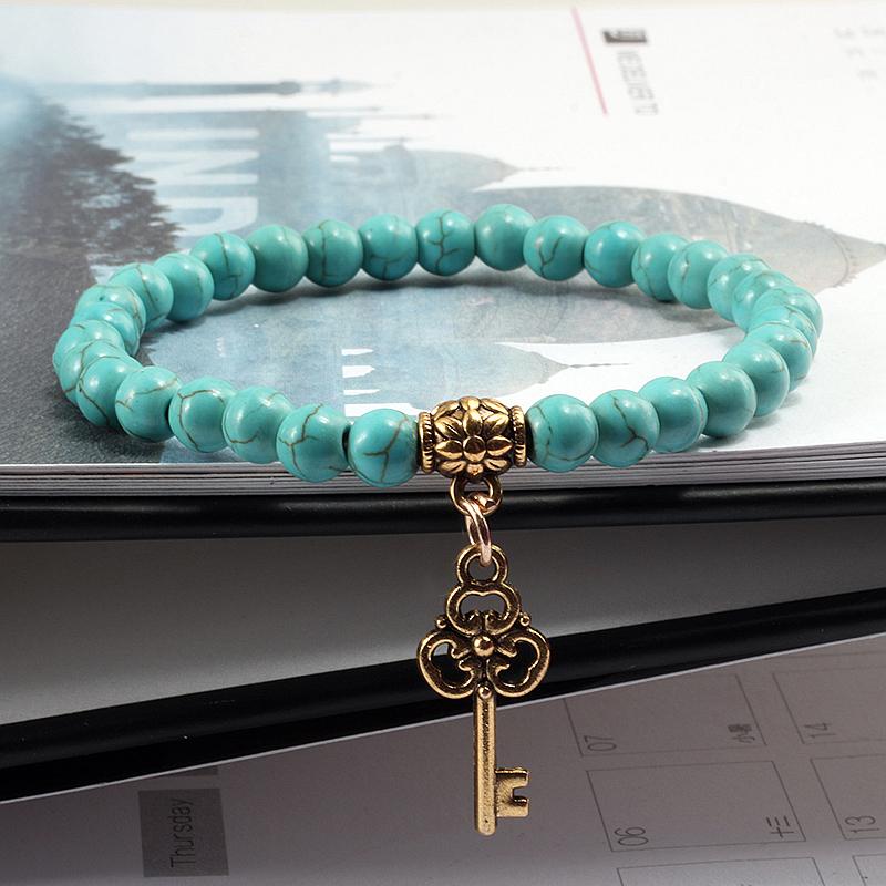 

Classic Natural Stone Beads Bracelets 6mm Turquoises Pendant Vintage Gold Key Bracelet Women Fashion Jewelry Accessories For Men