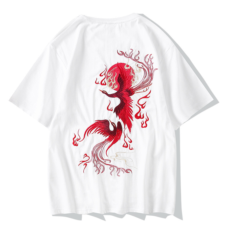 

2020 summer new retro China Phoenix heavy industry embroidered men's short sleeve Lapel loose collar top fashion, White