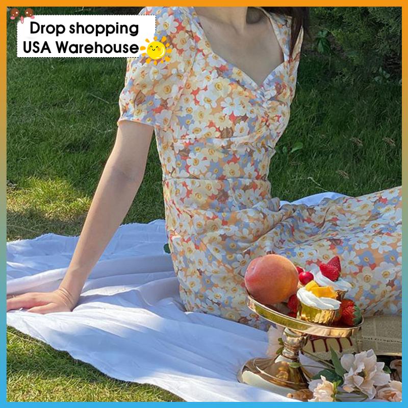 

printing floral dress square neck waist slim chiffon dress female woman up femme robe vestidos de verano ropa mujer, Style2
