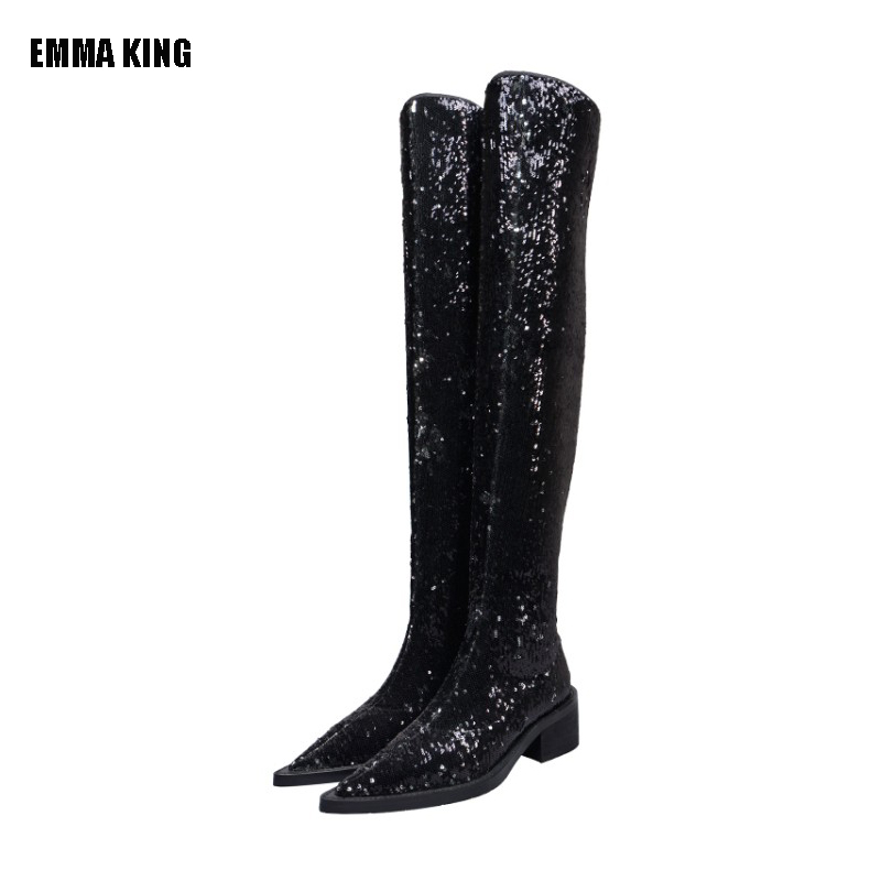 

Women Fashion Winter Over the Knee Boots Lady Square High Heel Boots Black BlingBling Flake Long Pointed Toe Shoes Women, As pic