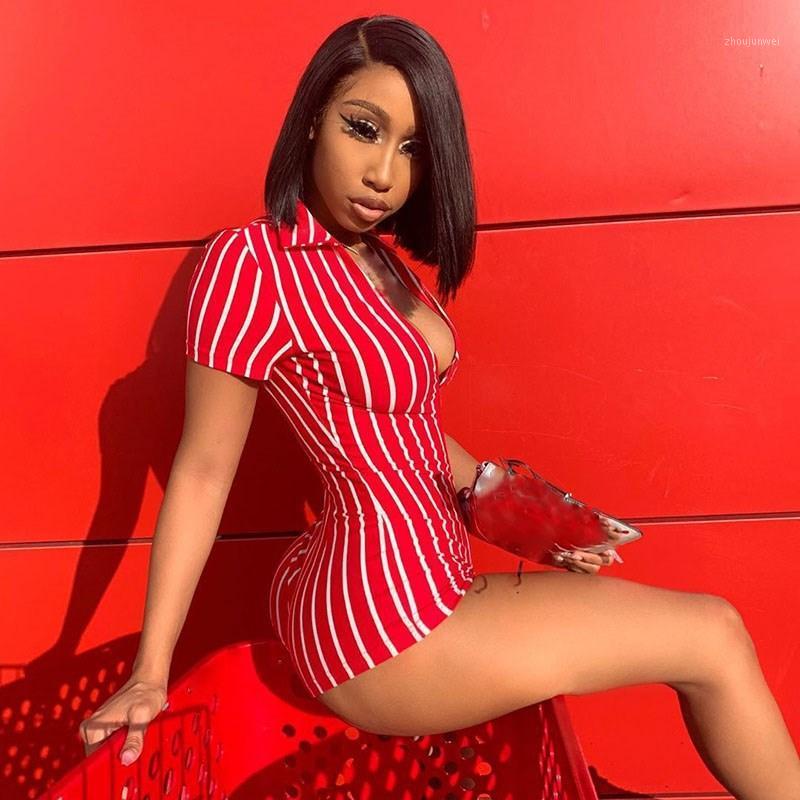 

Women' Jumpsuits & Rompers Fashion 2021 Women Sexy Bodycon Playsuit Short Sleeve Striped Female Elastic Party Bodysuits, Red