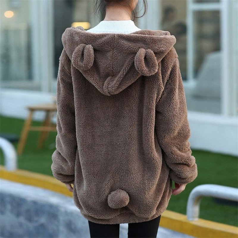 

Women Hoodies Zipper Girl Autumn Loose Kawaii Fluffy Bear Ear Hoodie Hooded Jacket Warm Outerwear Coat Cute Sweatshirts Y200706, Black