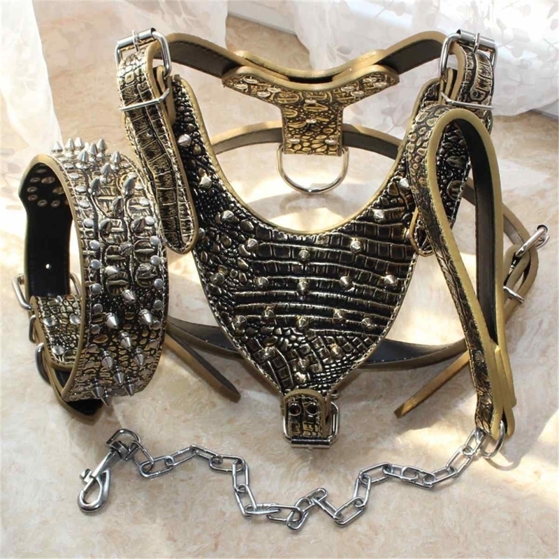 

Large Dog Harness and Collar Set Spiked & Studded Leather Dog Pet Harness Collar for Pit Bull Mastiff Medium Large Dogs 201028