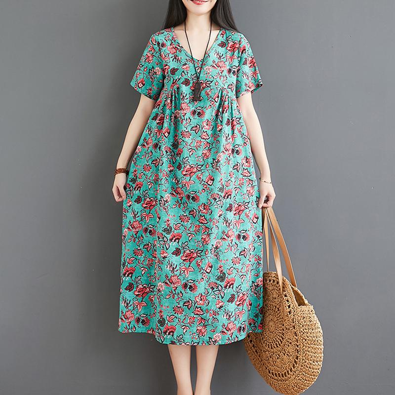 

Women Dress Oversized Casual Loose Short Sleeve Boho Beach Dress Retro Cotton Linen Flower Print Long Maxi Vestidos Mujer, Green
