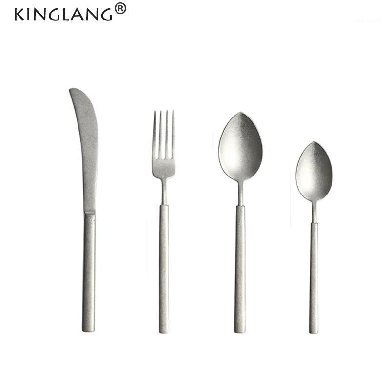 

KINGLANG 4pcs/Set Flateware 304 Stainless Steel High Quality Sliver Vintage Tableware Dinner Coffee Spoon1