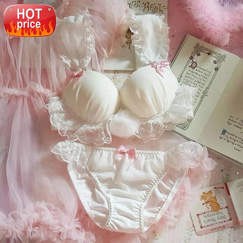 

Plus Size Women Underwear Set Lolita Ultra Thin Bra and Panty Set for Young Girls Lingerie Lace Bra Thong Intimates Japanese #Xn98, Black;white