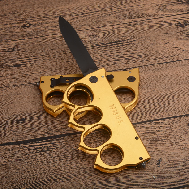 

US1918 Knuckle Survival folding Blade knife 440C Black Drop Point Blades Aluminum Alloy Handle Tactical knives With Retail Box
