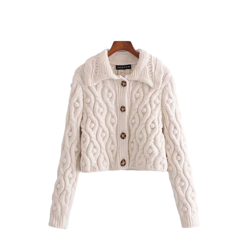

2021 New Elegante Toro Bola Apliques Camisola Moda Senhoras Turn Down Collar Casaco De Do Vintage Feminino Chique Malha Topos K5oi, Beige