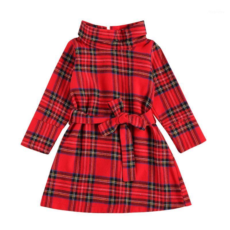 

Baby Girl Children´s High Collar Dress Red And Black Plaid Belted Back Zipper Outfits Long Sleeve High Collar Tunic One-piece1