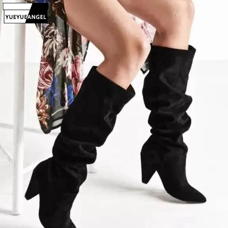 

Winter Women Suede Leather Mid Calf Boots Pointed Toe Spike High Heels Runway Shoes Brand Fashion Slip On Botas Mujer Plus Size, Black