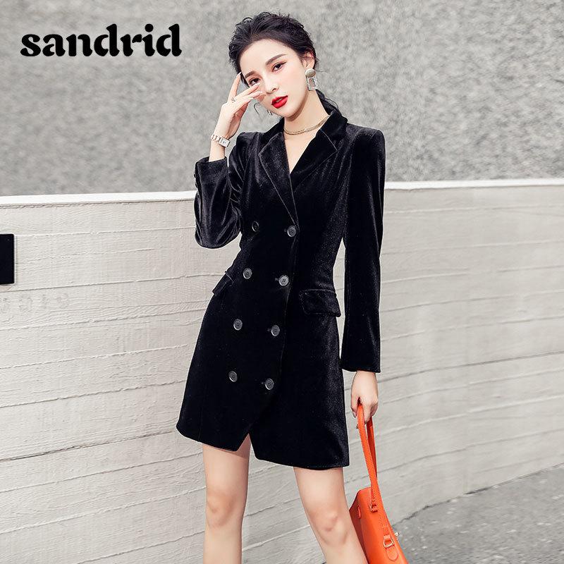 

Autumn and Winter Black Velvet Mid-length Women Suit Jacket Slim Long-sleeved Retro Double-breasted Female