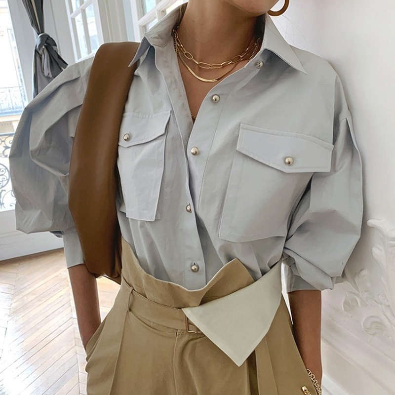 

2021 New Style Chic Woman's Blouse Oversized Solid Puff Sleeves Women's Work Shirts Lady's Office Released Autumn Tops Spring 9VQR, Gray-blue