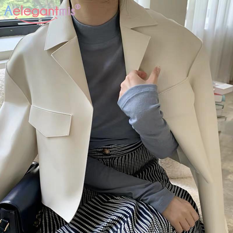 

Aelegantmis Korean Casual Loose White Faux Leather Jacket Women Turn Down Collar Short PU Jacket Female Elegant Cropped Outwear