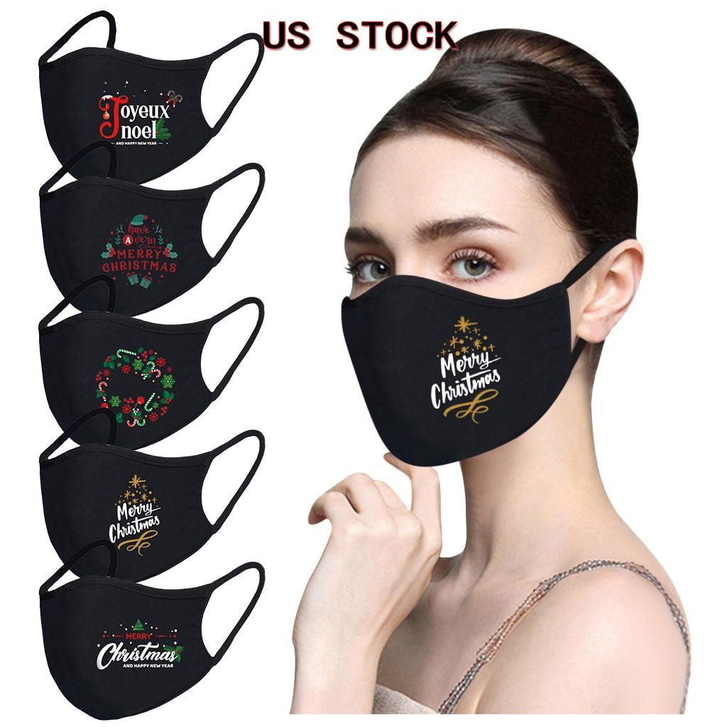 

US Stock Designer face masks Merry Christmas Santa Snowman Breathable fashion face masks dust fog Pure Black Blank Washable Cotton facemask