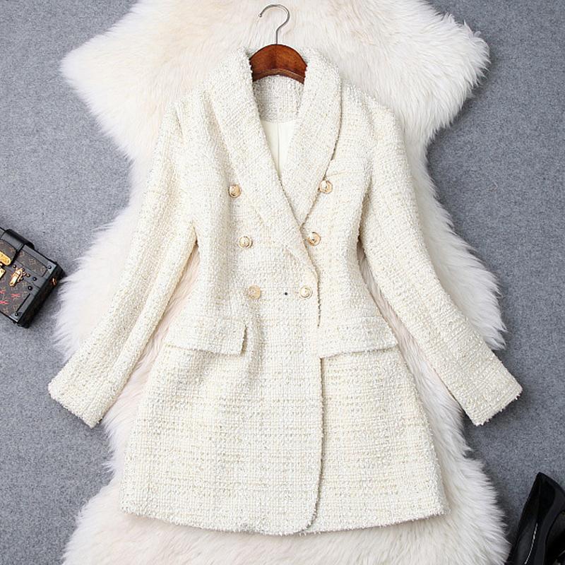 

Runway Designer Blazer Women ' Double Breasted Metal Button Long Sleeve Notched Collar Jacket Wool Blends Tweed Blazer Coat, White