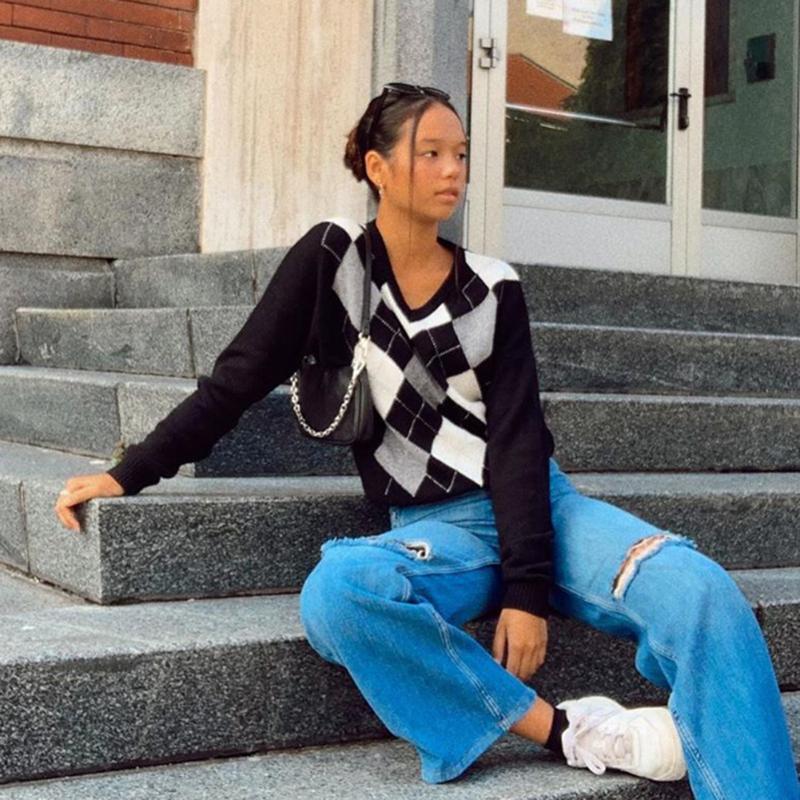 

2021 Y2K Preppy Style Long Sleeve Scottish Jumper Women Vintage V Neck Knitted Sweater Casual Argyle Jumper, As pic