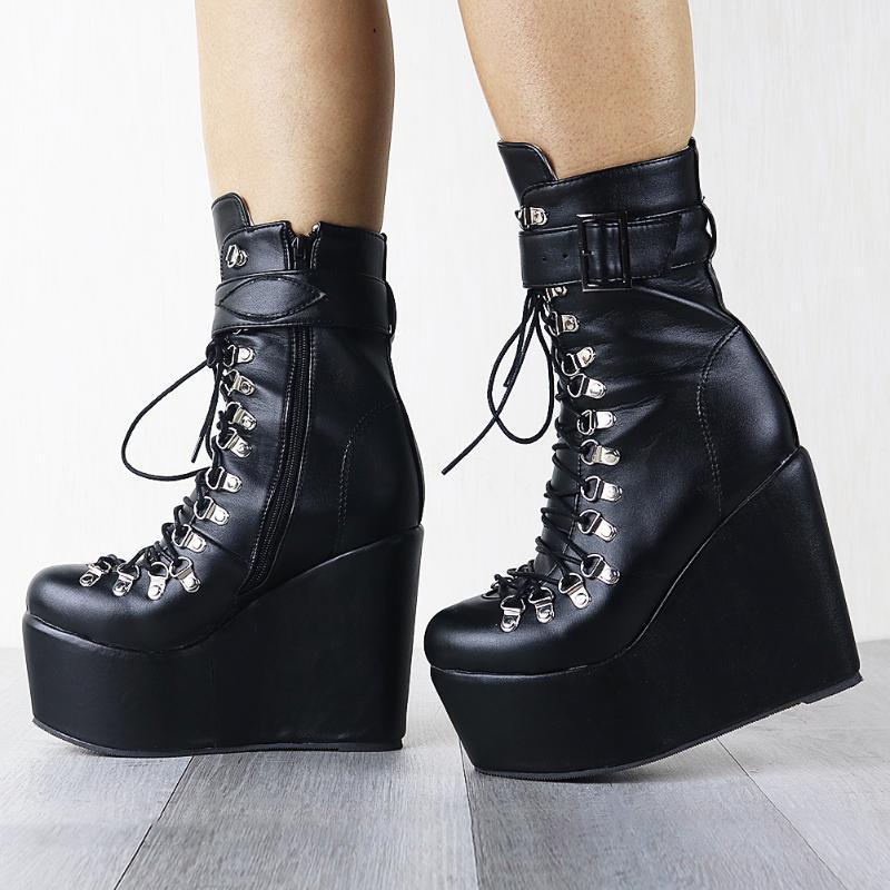 

Brand New Big Size 43 Thick Platform Shoelaces Wedges High Heels Female Ankle Boots Fashion Winter Boots Shoes Women1, Black