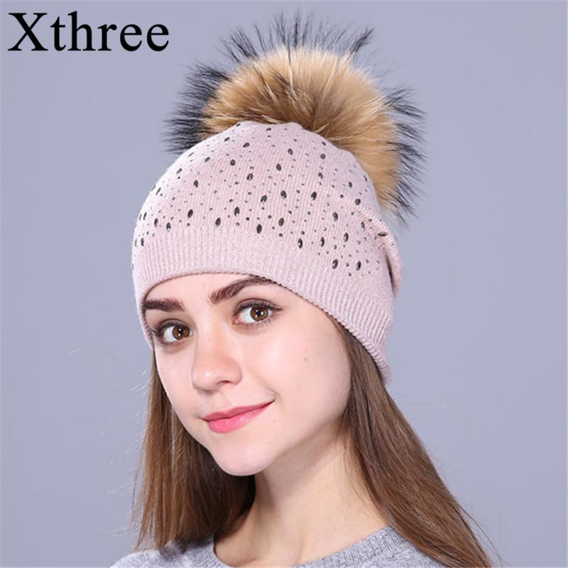 

Xthree Knitted beanies winter Hat for women and girls real raccoon fur pom pom hat wool skullies Female cap, White