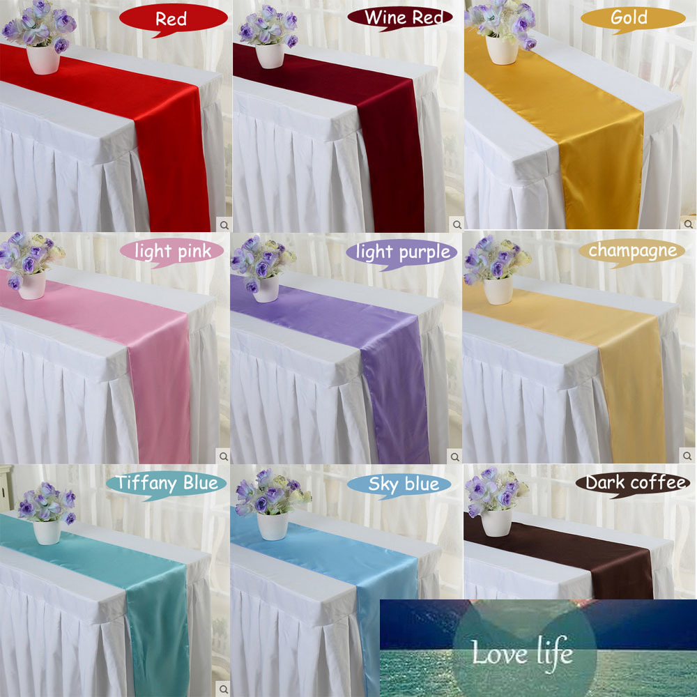 

Cheap 10pcs/lot Red/Blue/Yellow/Purple 16 Colors 30*275cm Satin Table Runner for Wedding Engagement/Hotel Banquet/Fesival Decor