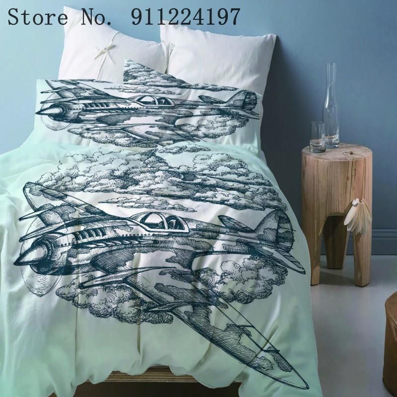 

3D Sketch Printing Airplane Bedding Sets Duvet Cover Comforter Bed Linen King Queen Full Size Home Textile Clouds Quilt Cover, Color-1