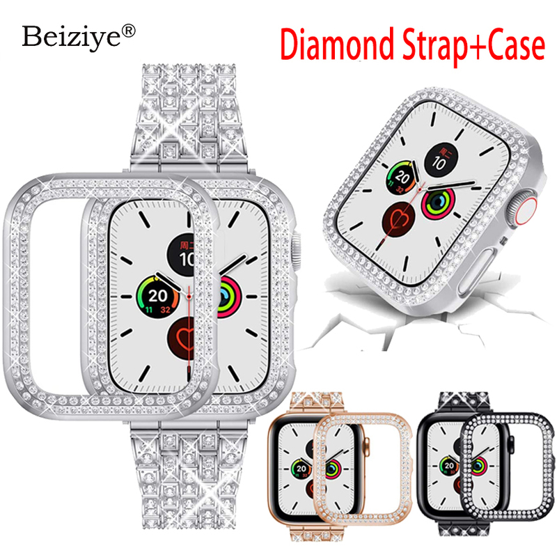 

Diamond Strap+Case For Apple Watch Band 41mm 45mm 38 42 40 44mm Series 7 6 SE 5 4 3 Women Bracelet Stainless Steel Strap 220214, Black;brown