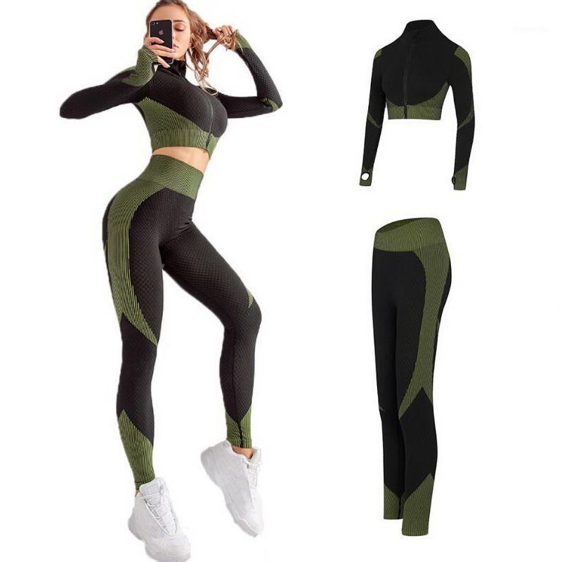 

Women Yoga Set 2 Piece Long Sleeve Fitness Sport Suit Sportswear Seamless Workout Running Tight Set Woman Gym Yoga Outfits YST021, Green