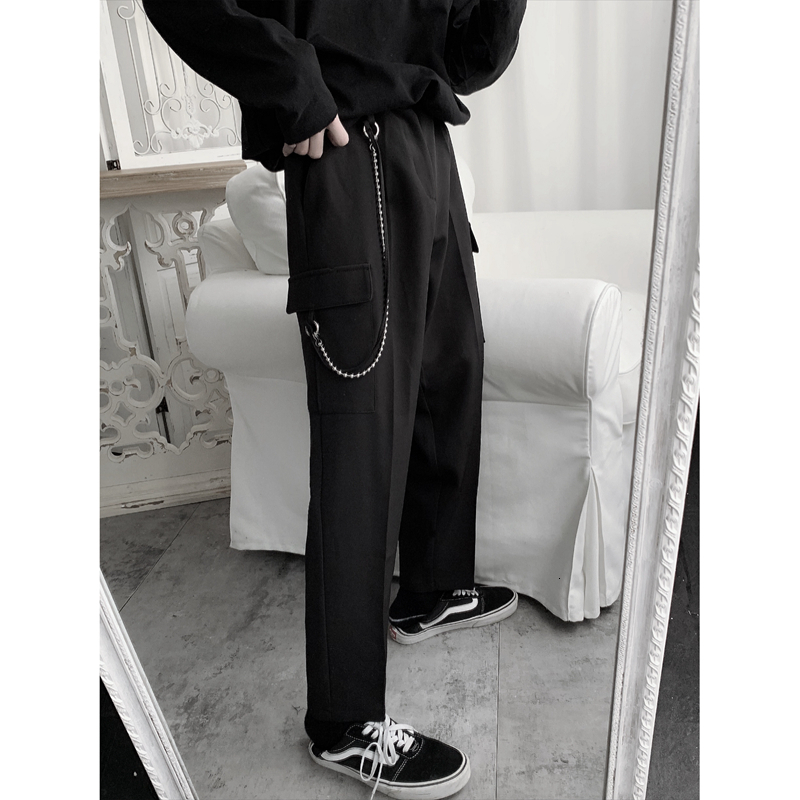 

2021 New Men's Multi-pocket 9-point Chain Coveralls Leg Straight Casual Pants. 3MQB, Black